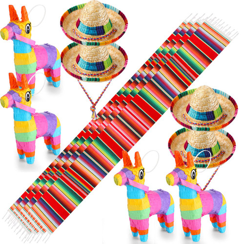 12 Pcs Mexican Theme Party Decoration Set, Includes 4 Large Mexican Table Runner 4 Mini Donkey Pinata 4 Mini Sombrero Party Hats for Mexican Theme Party Birthday Party Fiesta Themed Party Decorations