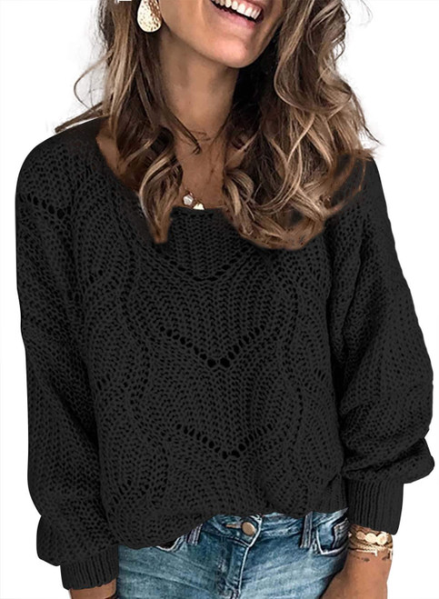 Dokotoo Womens Ladies Cute Autumn Winter Fall Soft Warm Crewneck Solid Hollow Out Chunky Cozy Long Sleeve Cable Knit Pullovers Sweaters for Women Black L