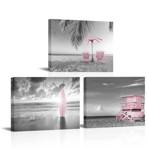 Biuteawal 3 Piece Coastal Wall Art Beach Picture Prints Decor Summer Seascape Theme Painting Grey and Pink Artwork Ocean Canvas Print Home Office Bathroom Bedroom Decoration Ready to Hang