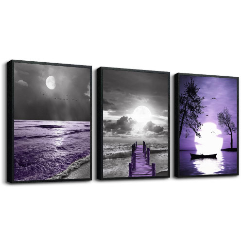 Black Framed Wall Decorations For Living Room Canvas Wall Art For Bedroom Artwork For Wall Painting Office Wall Decor Black And White Ocean Purple Landscape Pictures Modern Home Decor 3 Piece Set Black Framed Wall Decorations For Living Room Canvas Wall Art For Bedroom Artwork For Wall Painting Office Wall Decor Black And White Ocean Purple Landscape Pictures Modern Home Decor 3 Piece Set