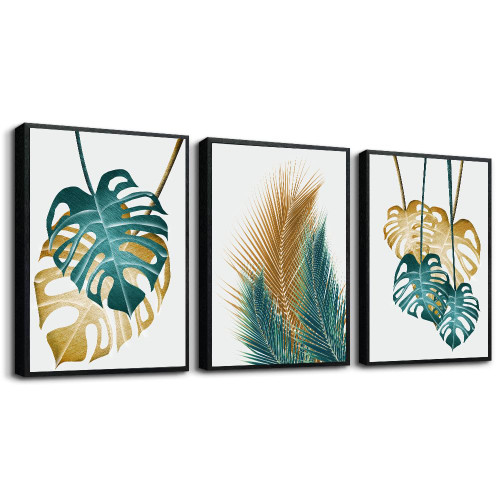 Black Framed Wall Art For Living Room Wall Decorations For Bedroom Kitchen Wall Decor Dining Room Abstract Painting Leaves Wall Pictures Artwork Bathroom Home Decor 3 Piece Framed Art Prints