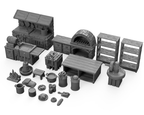 Inn and Tavern Kitchen Furniture Set DND Terrain 28mm for Dungeons and Dragons, D&D, Pathfinder, Warhammer 40k, RPG, Miniatures, Age of Sigmar, Tabletop, D and D, Dungeons and Dragons Gifts