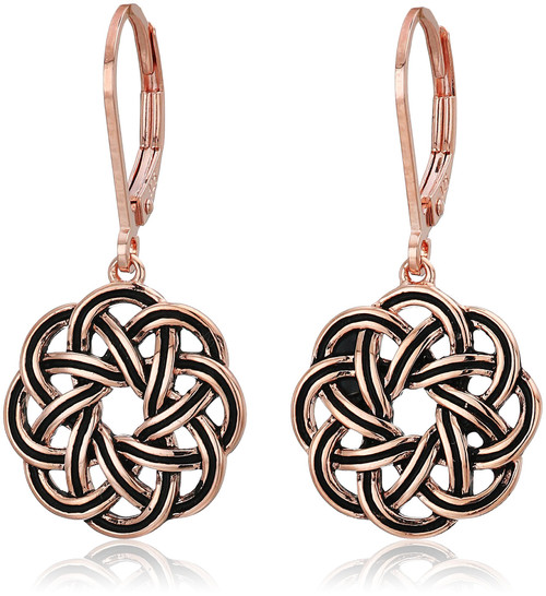 Amazon Collection 14k Rose Gold Plated Sterling Silver Celtic Knot Leverback Dangle Earrings