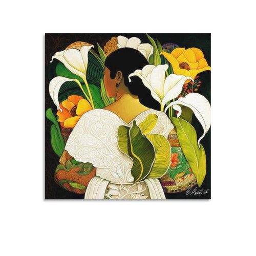 Mexican Poster Woman Holding Calla Lilies Wall Art Deco Canvas Print Poster Mexican Folk Art Poster Canvas Painting Posters And Prints Wall Art Pictures for Living Room Bedroom Decor 12x12inch(30x30c