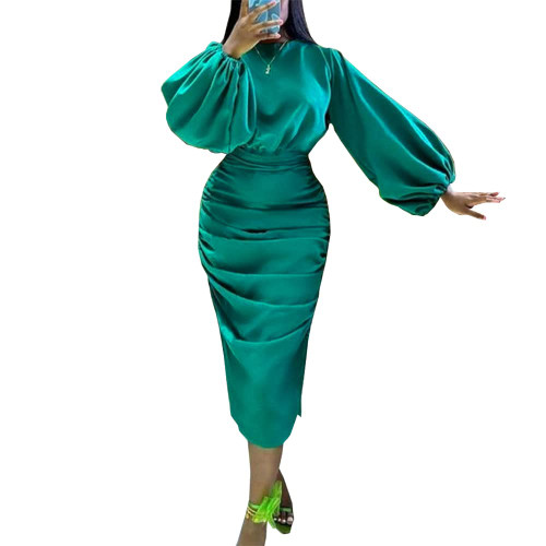 AOMEI Women's Green Crewneck Long Sleeve High Waist Ruched Slim Satin Dress (XL,X-Large)