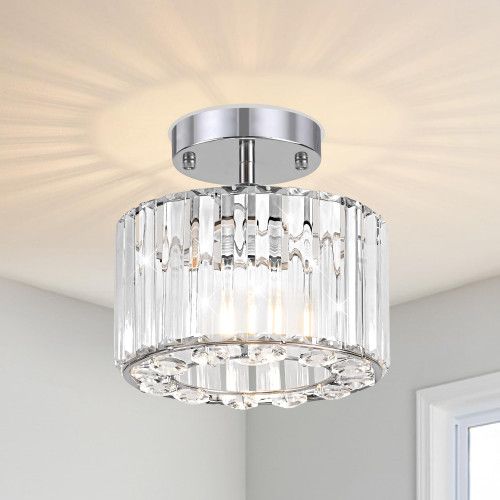 SYTPPLAN Small Drum Crystal Chandelier, Semi Flush Mount Ceiling Light with Chrome Finish, Ceiling Light Fixture with Round Crystal Hallway Light fixtures for Hallway Entryway Foyer