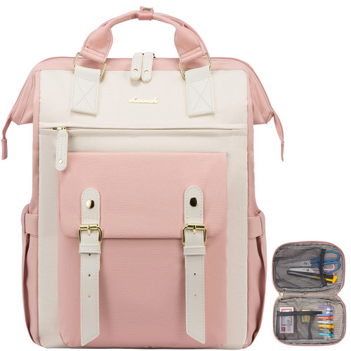 LOVEVOOK Laptop Backpack,Teacher Nurse Work Travel Backpacks Purse for Women, Computer Bag with USB Charging Port, 15.6 inch Pink White