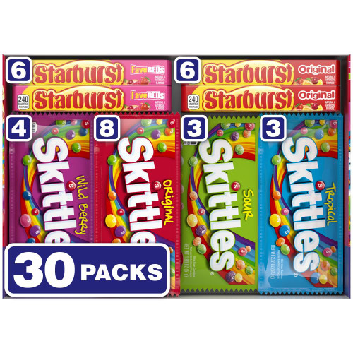 SKITTLES & STARBURST Variety Pack Full Size Chewy Candy Assortment, 62.79 oz, 30 Bars