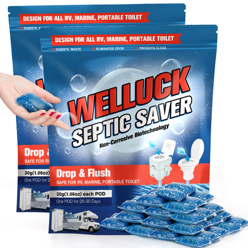 WELLUCK 50 Packs RV Toilet Treatment Drop Ins, Holding Tank Deodorizer for RV Camper Marine Portable Toilet Porta Potty, Camping Toilet Chemicals for Breaking Down Waste, 50 Month Septic Tank Supply