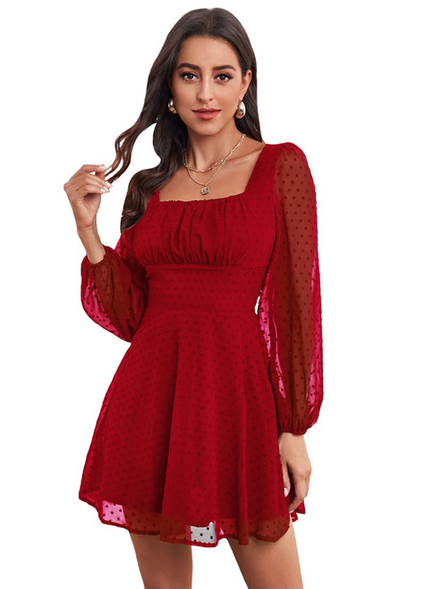 WDIRARA Women's Polka Dots Mesh Square Neck Bishop Sleeve Chiffon Dress Red Solid L