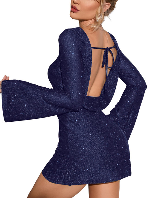 EYNMIN Women's Sparkly Sequin Backless Tie Mini Dress Long Sleeve Glitter Bodycon Party Club Dresses Navy M
