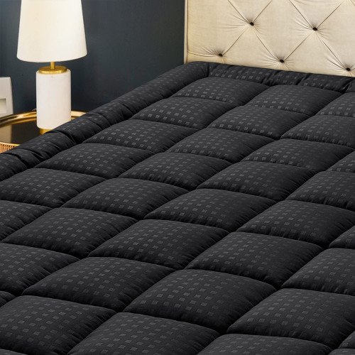 HYLEORY Twin XL Mattress Pad Quilted Fitted Mattress Protector Cooling Pillow Top Mattress Cover Breathable Fluffy Soft Mattress Topper with 8-21" Deep Pocket, Black