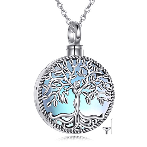 ONEFINITY Tree of Life Urn Necklace for Ashes Sterling Silver Round Moonstone Cremation Necklace for Ashes Keepsake Memory Jewelry for Women Men