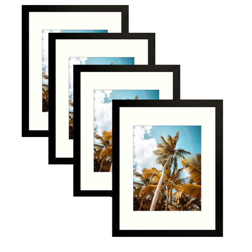 Frametory, 11x14 Picture Frame - Display 8x10 Photo with Ivory Color Mat - Wide Molding - Preinstalled Wall Mounting Hardware (Black, 4-Pack)