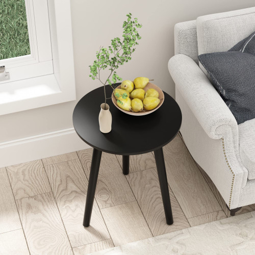 HLR Side Table Round, Small Wood End Table for Living Room, Bedroom and Small Spaces, Modern Nightstand Bedside Table with Easy Assembly Black Legs, Black Top