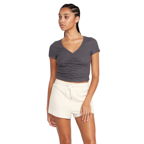 Volcom Women's Lived in Lounge Rib Short Sleeve V Neck Top, Black, Large