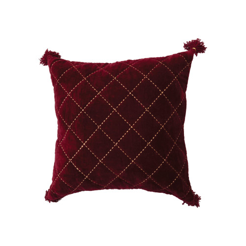 Creative Co-Op 20" Square Quilted Cotton Velvet Pillow w/Embroidery & Tassels, Burgundy & Gold Color