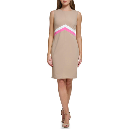 Tommy Hilfiger Women's Scuba Crepe Sheath Dress, Sand/Ivory/Carmine Rose, 6