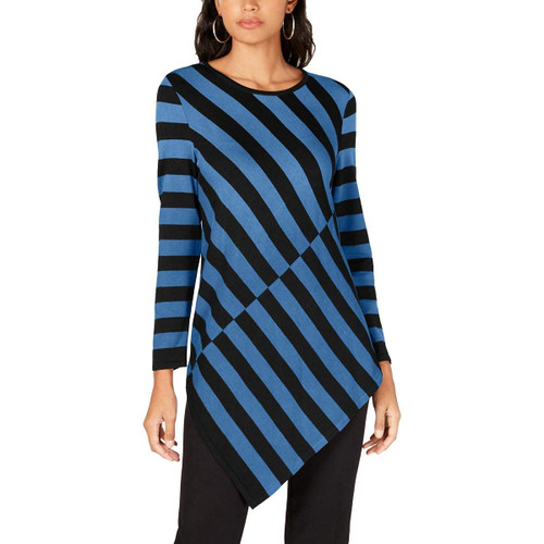 Alfani Womens Stripe Asymmetrical-Hem Tunic Sweater, Blue, X-Large