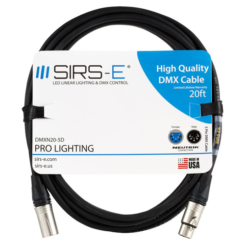SIRS-E 20 ft Flexible DMX Cable for Professional Lighting, 5 Pin Neutrik XLR Connectors, Made in USA