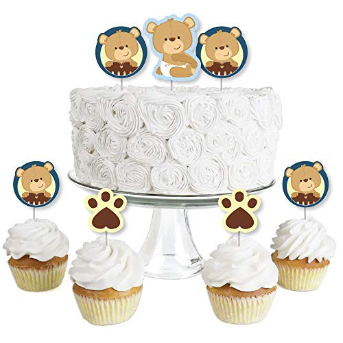 Baby Boy Teddy Bear - Dessert Cupcake Toppers - Baby Shower Clear Treat Picks - Set of 24
