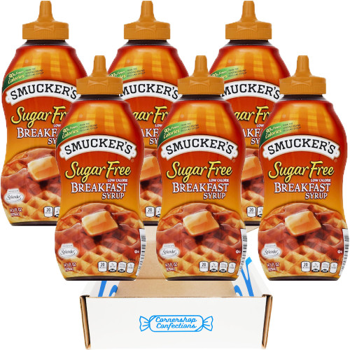 Smucker's Sugar-Free Breakfast Syrup Bulk Pack - 6 Squeeze Bottles - 14.5 Ounces Each - 87 Ounces total - Pancakes, Waffles, Ice Cream, Hot Cereal, Cinnamon Rolls - In Cornershop Confections Box