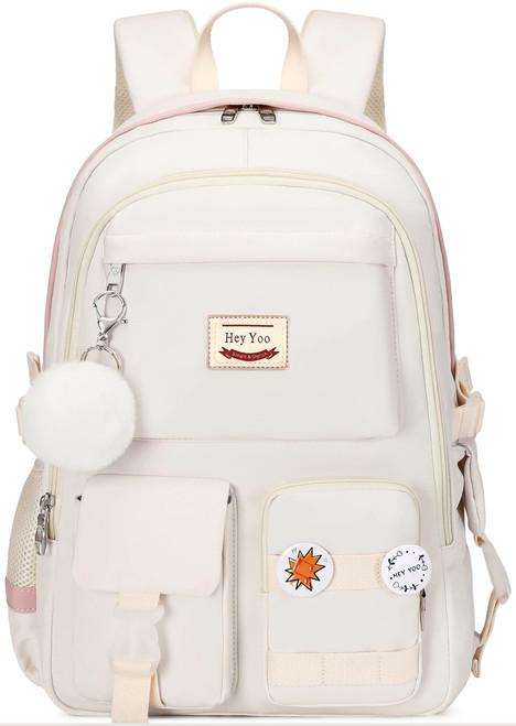 Hey Yoo Backpack for Girls Bookbag Cute School Bag College Middle High Elementary School Backpack for Teen Girls (White)