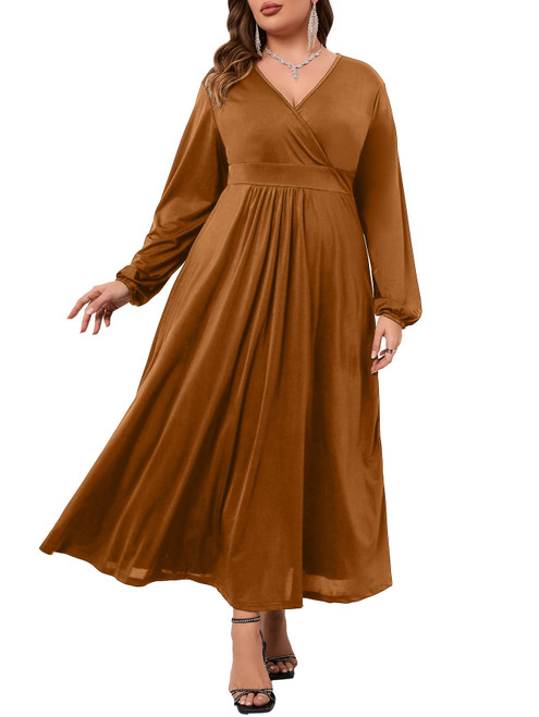 SCOMCHIC Women's Plus Size Long Sleeve Maxi Dress for Wedding Guest Wrap V Neck A Line Formal Evening Party Dresses Brown