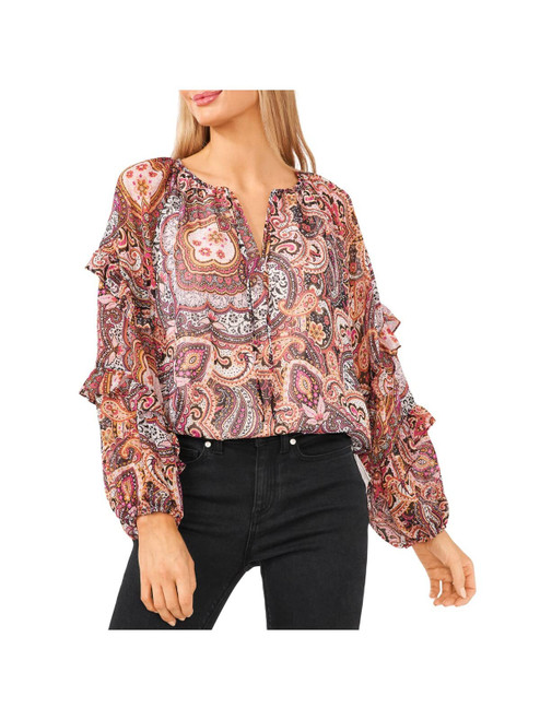 Vince Camuto Womens Orange Ruffled Slitted Self Tie Neck Sheer Partially Li Paisley Long Sleeve Split Wear to Work Peasant Top M
