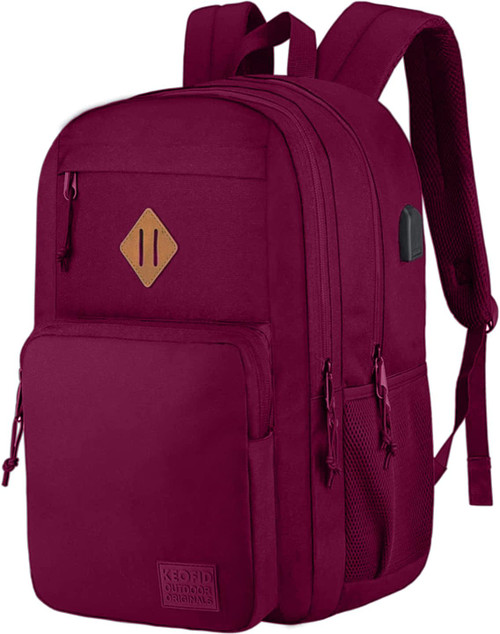 KEOFID classic carry-on travel backpack for men and women, Anti theft laptop backpack with USB charging port, work backpack, large backpack for college, water resistent backpack(Burgundy)