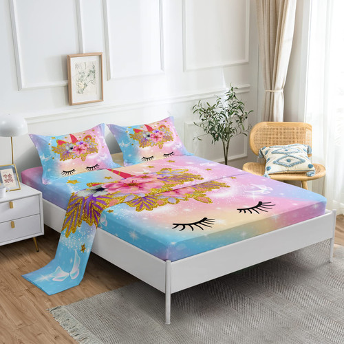BDUCOK 4 Pieces Unicorn Sheet Set Full Size,Color Unicorn Fitted Bed Sheet for Kids Girls Cartoon Unicorn Bedding Soft Microfiber All-Round Elastic Pocket Fitted Sheet(Unicorn Sheet 3003-Full)