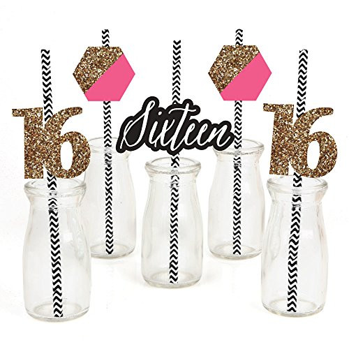 Chic 16th Birthday - Pink, Black and Gold - Paper Straw Decor - Birthday Party Striped Decorative Straws - Set of 24