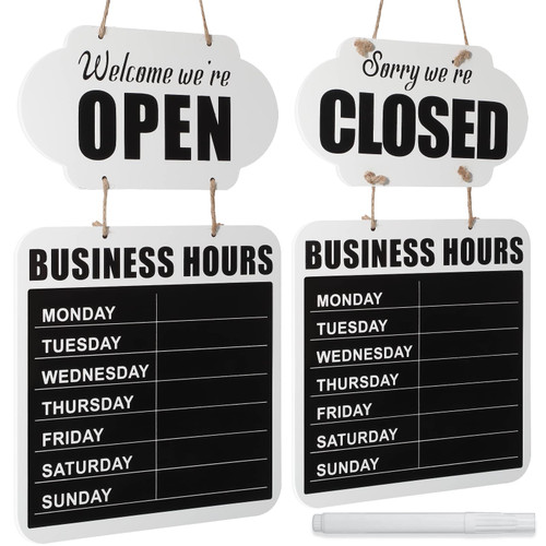 Business Hours Hanging Chalkboard Open Closed Sign Wooden Welcome Chalk Boards Double Sided Restaurant Door Sign with Erasable Blackboard Pen for Florist Cafe Store Restaurant (White)
