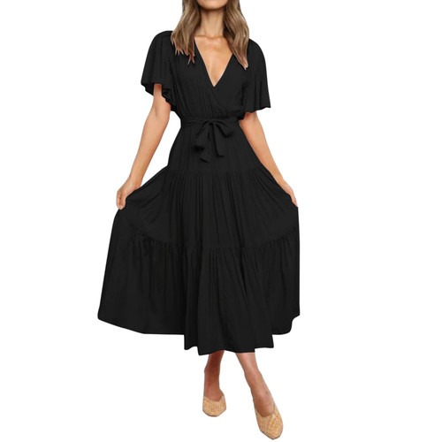 Women's Summer Boho Beach Sleeveless Solid Color Ruffle Party Tiered Midi Dress Formal Wedding Guest Dresses for Women