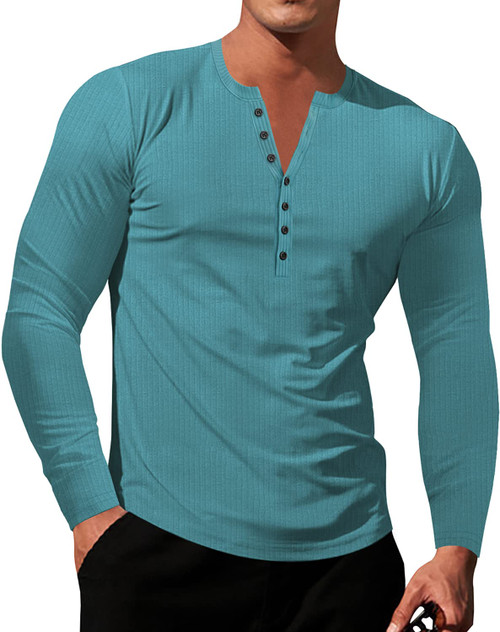 LOGEEYAR Mens Knit Stretch Henley Shirt Workout Slim Fit Short Sleeve Tees Athletic Muscle Casual T-Shirt Z-Blue