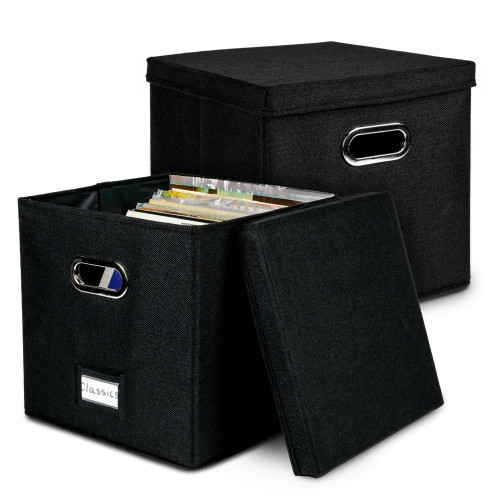 Stock Your Home Vinyl Record Storage Box in Black (2 Pack), Storage for Vinyl Records, Can Hold Up to 50 Single Records, Vinyl Storage Crates for Albums, LPs, 45s, 7 and 12 inch Record Storage Box