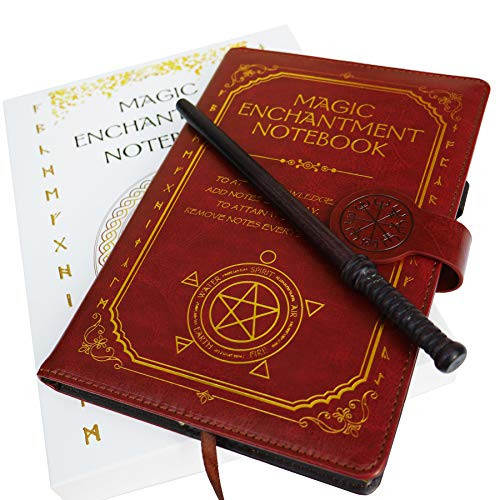 Monet Studios Magic Notebook/Notepad with Wand - Novelty Gothic Spell Book with Magical Runes Red