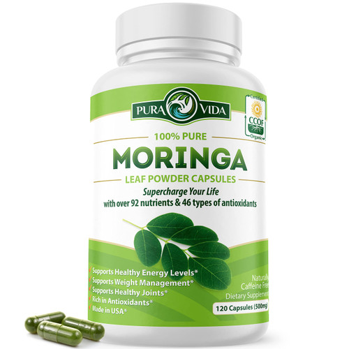 PURA VIDA Moringa Capsules Single Origin Moringa Powder Organic. Moringa Leaf. Energy, Metabolism, & Immune Support. 120ct. 500mg Caps. PURA VIDA Moringa Capsules Single Origin Moringa Powder Organic. Moringa Leaf. Energy, Metabolism, & Immune Support. 120ct. 500mg Caps.