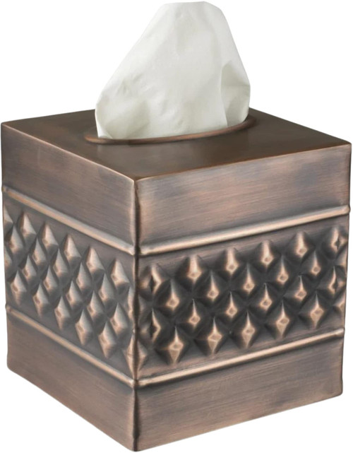Monarch Abode 29627 Handcrafted Tissue Box Square Cover Dispenser, Geometric Embossed, Metal Dresser Accessories for Office Bathroom Decor Vanity, Decorative Tissue Box, Antique Copper Finish