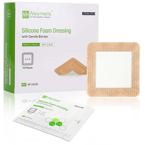 Silicone Adhesive Foam Dressing with Gentle Border 4''x4'' for Bed Sore Leg Ulcer 10 Pack, High Absorbency Waterproof Silicone Wound Bandage by NeuHeils Silicone Adhesive Foam Dressing with Gentle Border 4''x4'' for Bed Sore Leg Ulcer 10 Pack, High Absorbency Waterproof Silicone Wound Bandage by NeuHeils