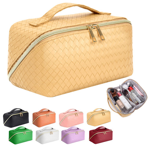 ZAUKNYA Travel Cosmetic Bag - Large Capacity Organizer Makeup Bag, Portable Leather Waterproof Women, with Handle and Divider Flat Lay Checkered (mango yellow) ZAUKNYA Travel Cosmetic Bag - Large Capacity Organizer Makeup Bag, Portable Leather Waterproof Women, with Handle and Divider Flat Lay Checkered (mango yellow)