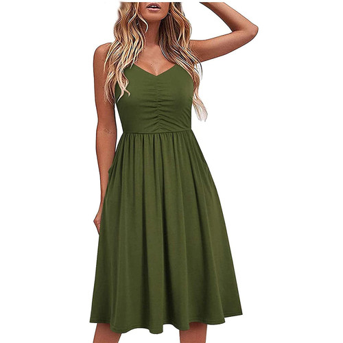 XINSHIDE Casual Dresses for Women Sleeveless Summer Ruched Beach Midi Dress A Line Spaghetti Strap Sundresses with Pockets Green