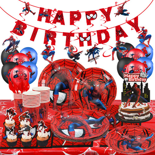 Spider Birthday Decorations, Superhero Spider Party Supplis include Plates Napkins Tablecloth Hanging Swirls Garland for Banner, Kids Birthday Party Supplies