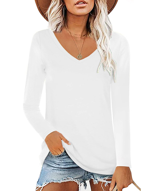 Elesomo Long Sleeve Tee Shirts for Women Vneck Tshirts Cotton Tops, White M Elesomo Long Sleeve Tee Shirts for Women Vneck Tshirts Cotton Tops, White M