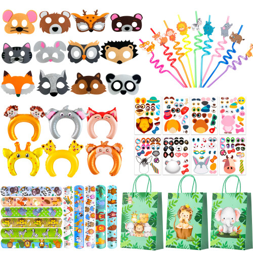 Jungle Safari Party Favors, 72pcs Jungle Safari Birthday Party Favors Set Includes Safari Party Slap Bracelets Stickers Straws Balloon, Animal Mask, Safari Goodie Bags etc Jungle Party Favors for Kids