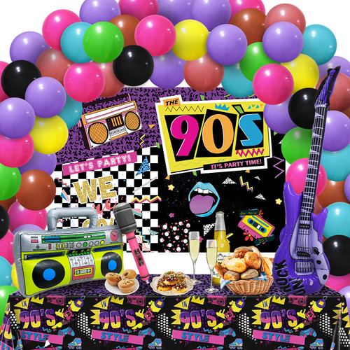 90s Party Decorations, 90s disco party decorations, Include Inflatable Radio, Guitar, Microphone Balloons, Back to The 90's Backdrop, Tablecloth, Balloon Arch Garland Kit for 90s Theme Party Decorations 90s Party Decorations, 90s disco party decorations, Include Inflatable Radio, Guitar, Microphone Balloons, Back to The 90's Backdrop, Tablecloth, Balloon Arch Garland Kit for 90s Theme Party Decorations