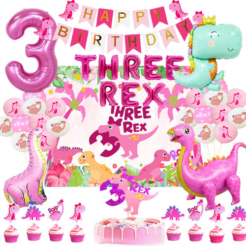 BEOXAGAR Dinosaur Birthday Party Supplies 3 Year Old Girl,Pink dinosaur party supplies 3rd birthday , three Dino-rex birthday party decorations girl , three dino-rex girl birthday party supplies dinosaur birthday backdrop