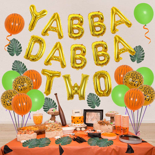 Jungle 2nd Birthday Party Decorations Boy - Yabba Dabba Two Foil Balloons, Jungle Balloon Garland With Artificial Palm Leaves, Green And Leopard Balloons for Jungle Safari Two Wild Party