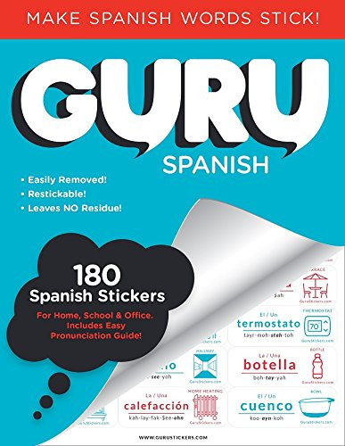 Guru Stickers Spanish Flash Cards | Learn Spanish for Kids and Adults | 180 Spanish Vocabulary Labels for Everything in The Home, School & Office.