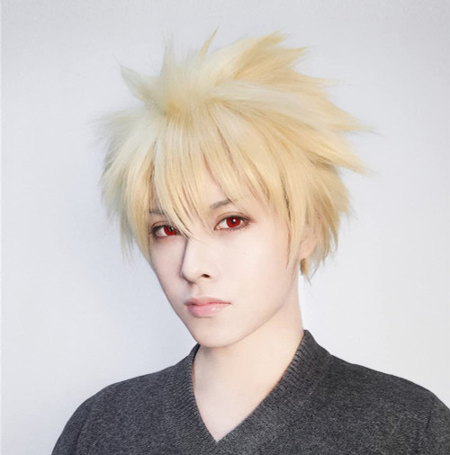 IMEYLE Blonde Spiky Short Wig for Men Boys Cosplay Short Blonde Wig Anime Cosplay Wig for Cosplaymaker Mens Wig Wavy Synthetic Wig for Halloween Costume Party + Wig Cap